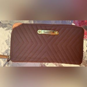 Nicole Miller New York Brown Faux Leather Wristlet Wallet Two Zip